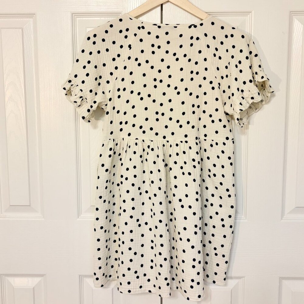 Madewell Ruffle Short-Sleeve Ivory Black Mini Babydoll Dress in Dot Toss Medium - Picture 3 of 10